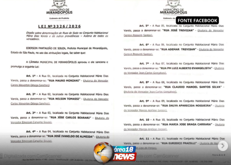 NOVO BAIRRO DE MIRANDÓPOLIS TEM RUAS OFICIALMENTE DENOMINADAS E LEI É SANCIONADA PELO PREFEITO 