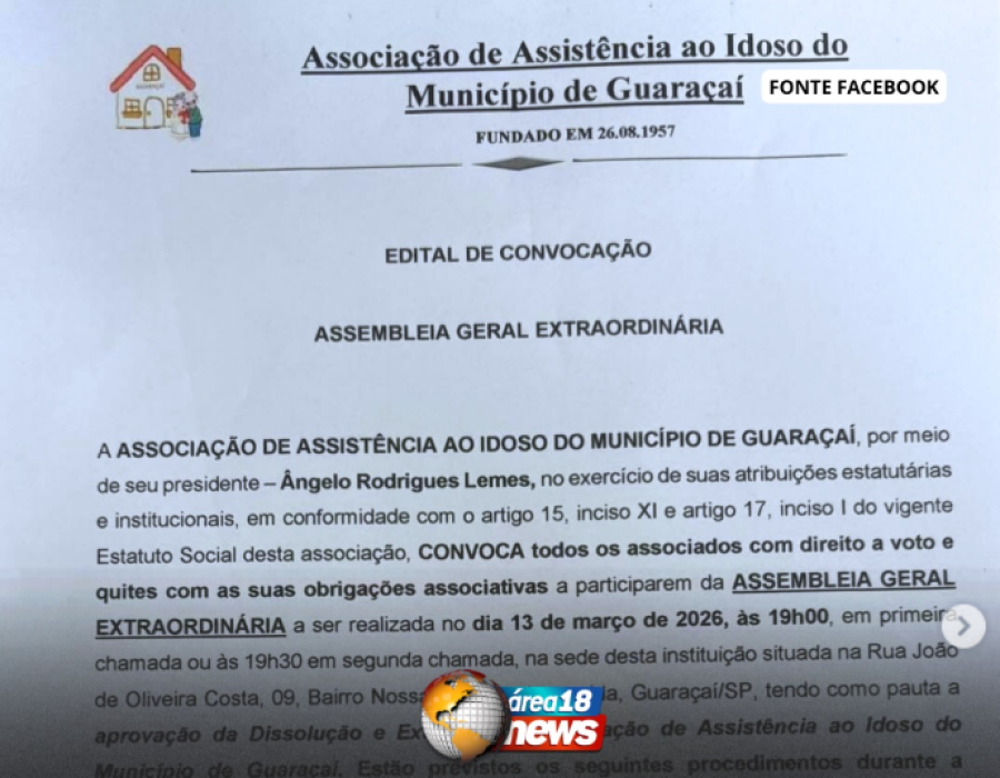 DOCUMENTO DIVULGADO POR ENTIDADE APONTA POSSÍVEL ENCERRAMENTO DO ASILO DE GUARACAÍ