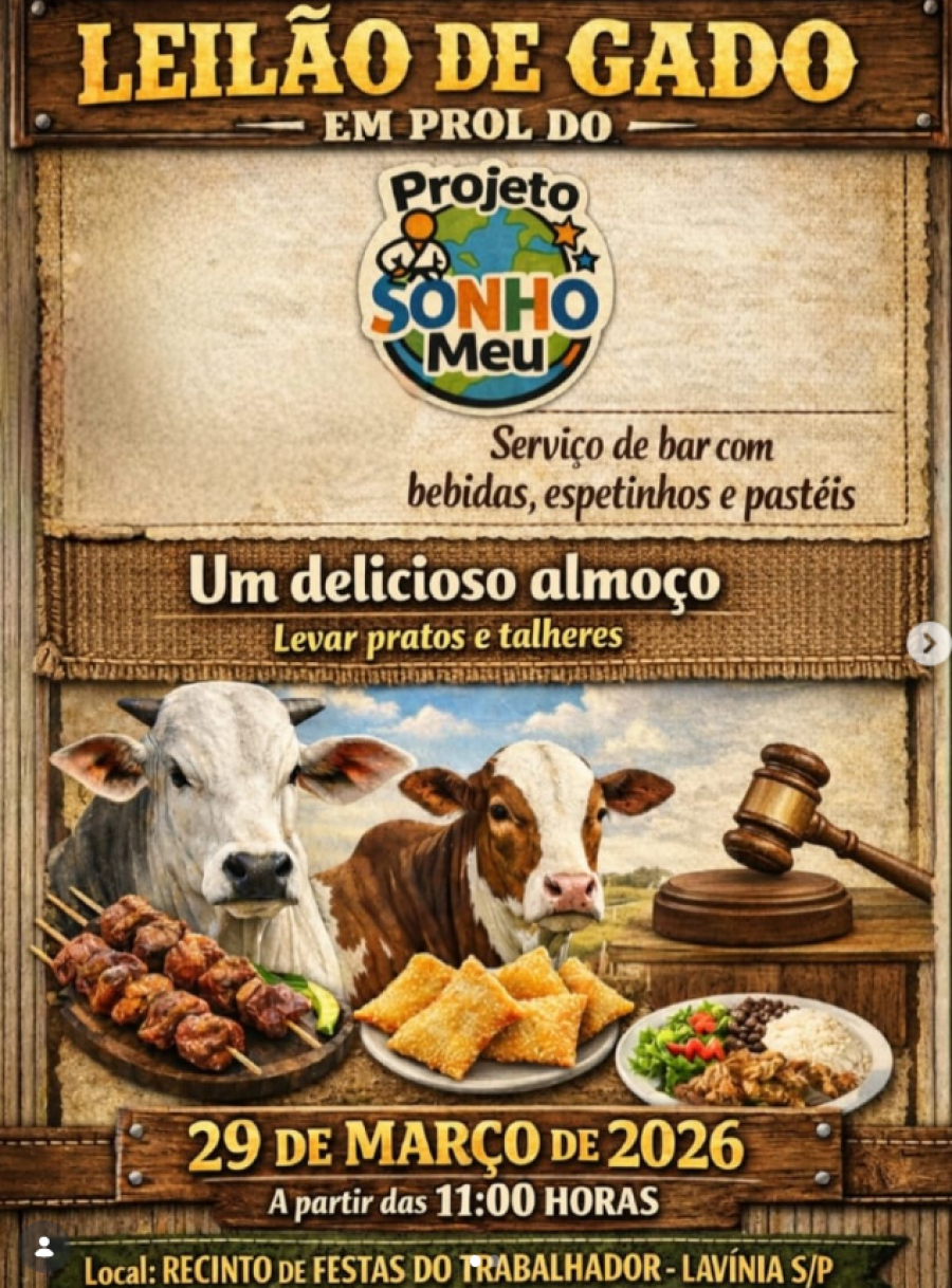 LEILÃO DE GADO BENEFICENTE VAI MOVIMENTAR LAVÍNIA EM APOIO AO PROJETO SONHO MEU