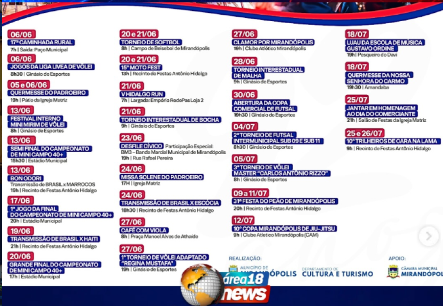 MIRANDÓPOLIS DIVULGA CALENDÁRIO OFICIAL DOS 92 ANOS E CONFIRMA FESTA DO PEÃO