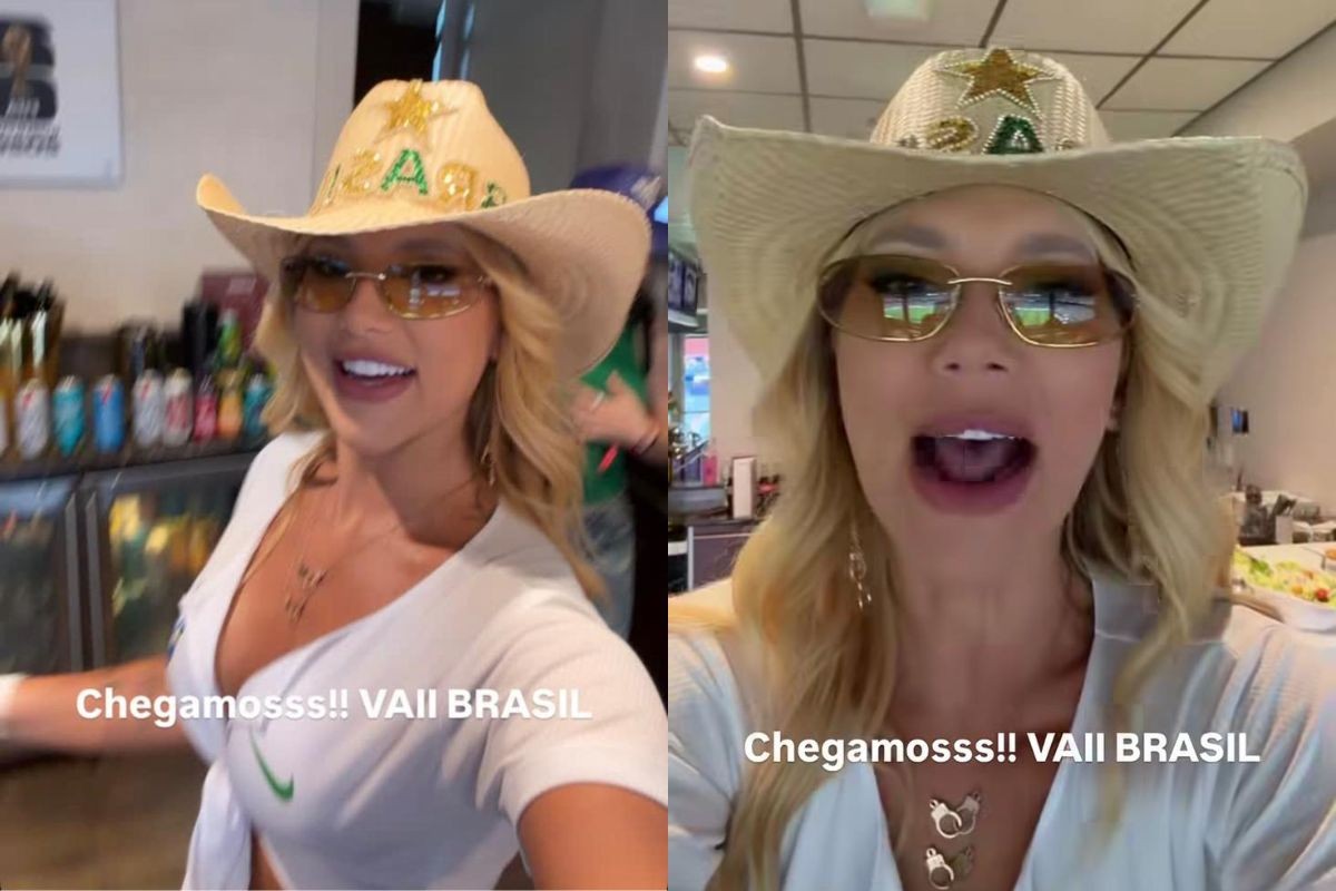 Virginia usa look cowgirl com chapéu e  calça customizada no jogo do Brasil; Vini Jr. comenta