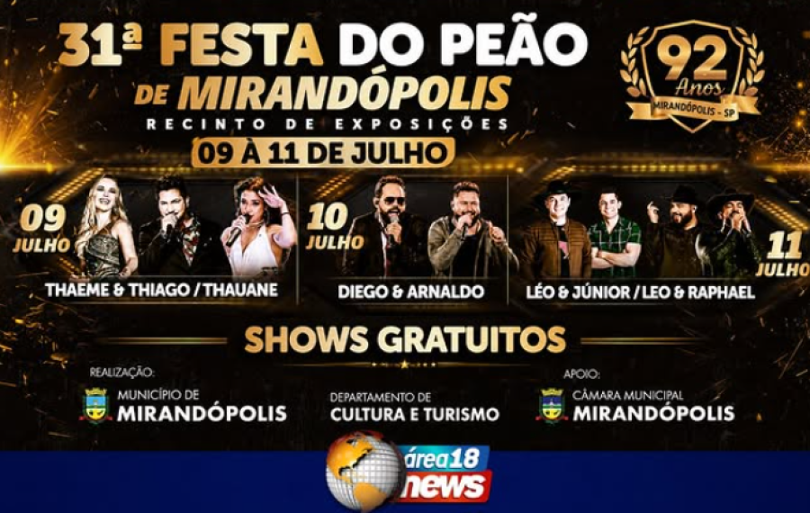  FESTA DO PEÃO 2026: PREFEITURA CONFIRMA GRADE OFICIAL DE SHOWS EM MIRANDÓPOLIS